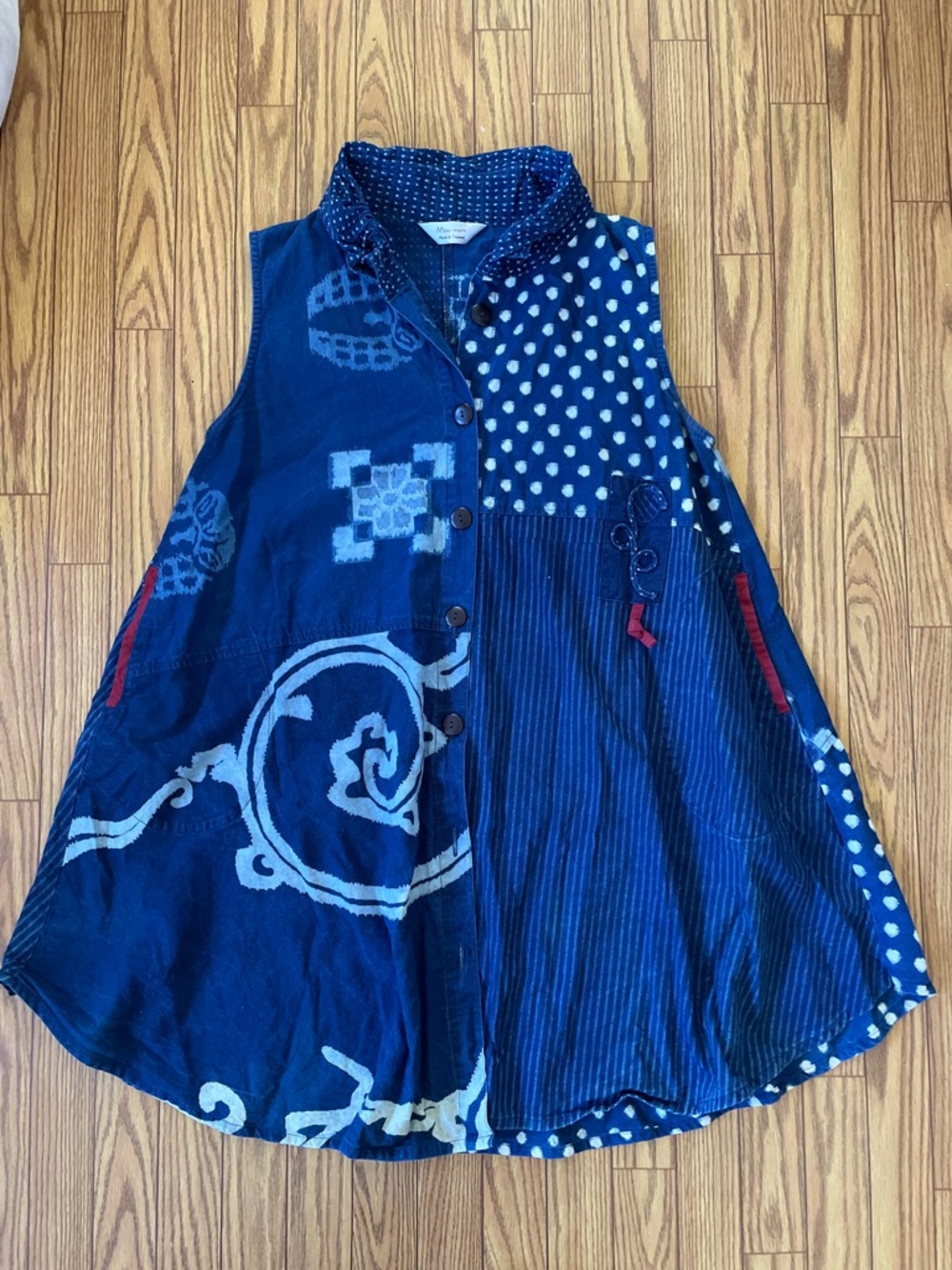 Mao Mam Kasuri Patch Indigo Stand Collar Long Vest tunic top dress S-L